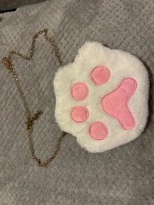 Cat Paw Print Teddy Bear Fur Crossbody Shoulder Bag With Strap Pink/White - Picture 1 of 1