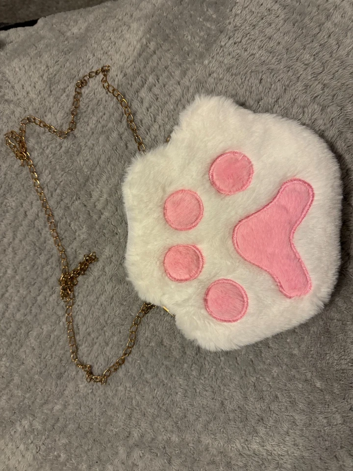 Cat Paw Print Teddy Bear Fur Crossbody Shoulder Bag With Strap Pink/White - Image 1 of 1