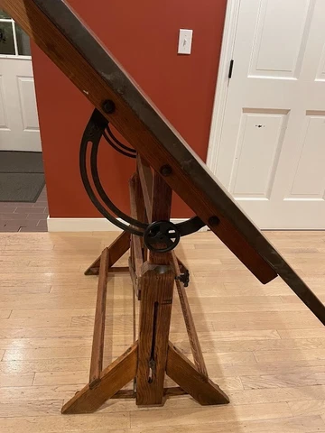 Restored mid-century vintage Industrial DRAFTING TABLE - Oak, cast iron Cover