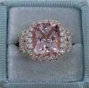 3Ct Cushion Cut Lab-Created Morganite Halo Engagement Ring 14K Rose Gold Plated - Picture 1 of 7