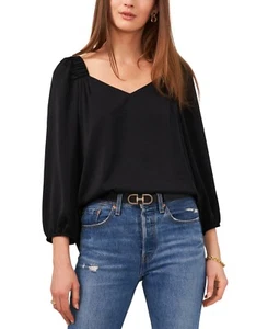Vince Camuto Three-Quarter Puff Sleeve Top Women's XS Rich Black V-Neck Pullover - Picture 1 of 14