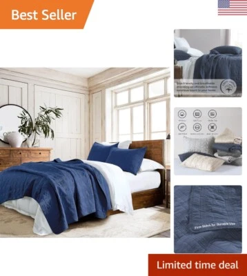 100% Cotton Quilt Set King Size, Navy Blue Pre-Washed 3-Piece Bedspread Cover... - Image 1 of 4