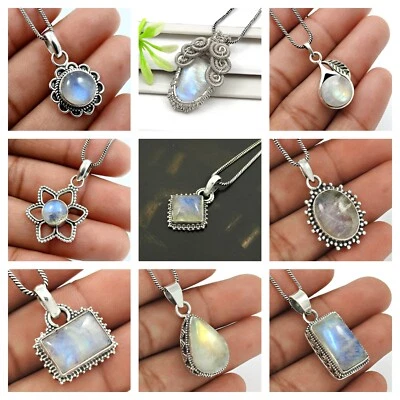 Preciosos colgantes causales de plata esterlina 925 con piedra lunar arco iris natural joyería Foto 1 de 4