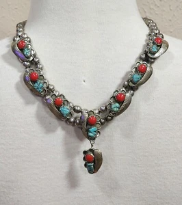 Vintage Turquoise, Red Coral & Silver Beaded Necklace 19.5" - Picture 1 of 2