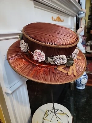 Antique Hat Lady 1900 Wide Brim Woven Straw Fabric Flowers Gold Metalic Fabric - Image 1 of 4