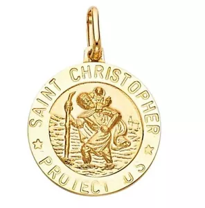 14K Solid Yellow Gold Saint Christopher Medal Pendant - St Round Necklace Charm - Picture 1 of 3