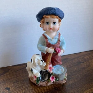 VTG Sweet Faced Boy Ceramic Figurine with Puppy Dog, Flowers, Shovel and Bucket - Picture 1 of 12