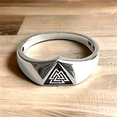 925 Sterling Silver Norse Viking Celtic Valknut Symbol of Odin Ring Size 7-12 - Image 1 of 3