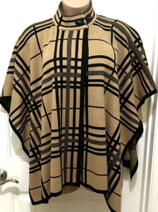 Chico's Women’s One Size Poncho Jacket Tan/Black Plaid Snap Buckle Collar - Picture 1 of 4