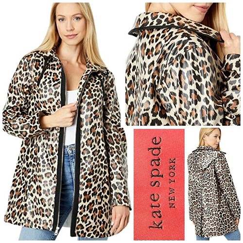 Giacca impermeabile nuova con etichette $248 Kate Spade New York stampa leopardata con cappuccio e zip GRANDE