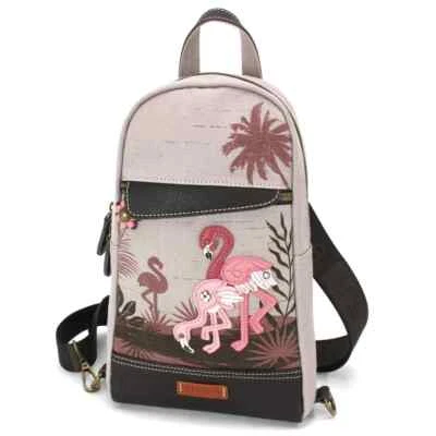 NEW GREY PINK FLAMINGO BIRD CHALA RFID CANVAS SLING BAG BACKPACK TOTE - Image 1 of 4
