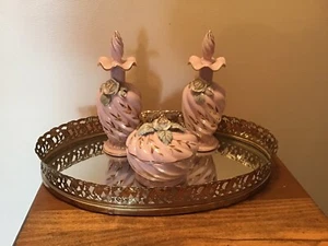 2 Perfume Bottles 1 Trinket Box & Tray Vintage Pink L & M Bond Ware Porcelain - Picture 1 of 11