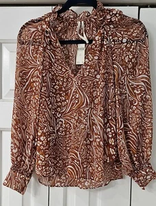Anthropologie Sheer, Long sleeve, tie at neck, Rust and cream, sz XXS NWT - Picture 1 of 10