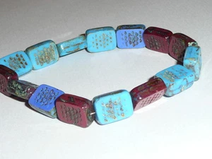 Cool Picasso Carved Chunky Rectangle Czech Glass Beads (15) Blues, Reddish Beads - Picture 1 of 1