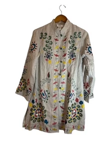 SOFT ENVIRONMENT XS strukturierter bestickter langer Leinenmantel Jacke Oberteil Boho künstlerisch - Bild 1 von 11