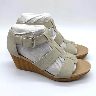 Sandálias Dr Scholls tamanho 6 cinza bege cinza plataforma cunhas sapatos cobra em relevo - Imagem 1 de 4