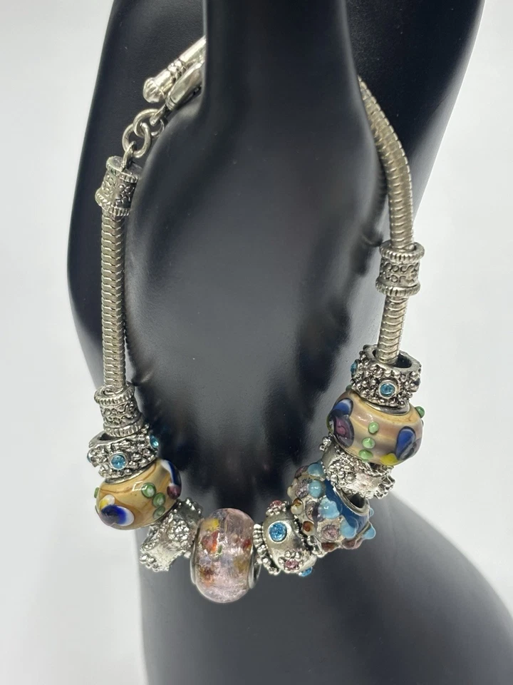 Glass Bead Charm Bracelet Silver Tone Multi-Colored Toggle Clasp Fashion Jewelry - Image 1 of 4