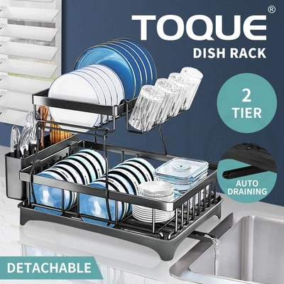 Toque Detachable Dish Drying Rack Cutlery Organizer Drainer Board 2 Tier Black - image 1 of 4