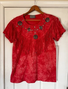 Vtg Western Tie Dye Fringe Tshirt Shoulder Pads Coral One Size -2X Pink Made USA - Picture 1 of 10