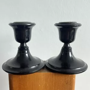 More details for ebony wooden candle stick holders vintage rare with metal liners 6.3cm tall pair