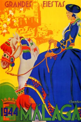 1944 MALAGA GRANDES FIESTAS SPANISH WOMAN HORSE SIDESADDLE VINTAGE POSTER REPRO - Image 1 of 3