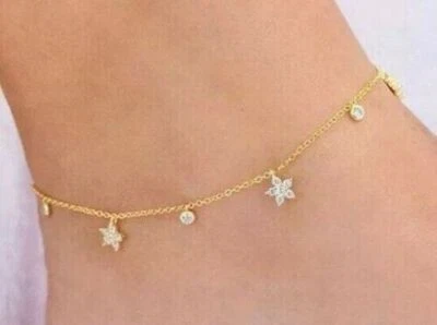 Floral Charm Anklet 1.20Ct Created Diamonds Women's Chain 14K Yellow Gold Finish - Image 1 of 4