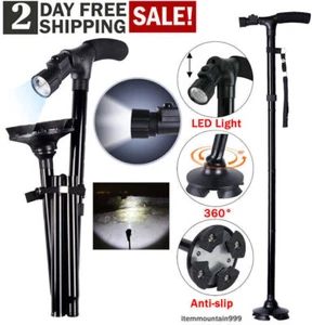FOLDABLE WALKING STICK WITH LED LIGHT DISABILITY HEAVY DUTY CANE TORCH ALUMINIUM - Picture 1 of 24