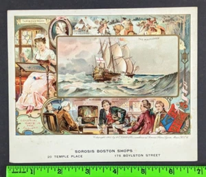 Vintage 1905 Sorosis Shoes Colonial Ship Horse Men Illustrated Large Trade Card - Picture 1 of 2