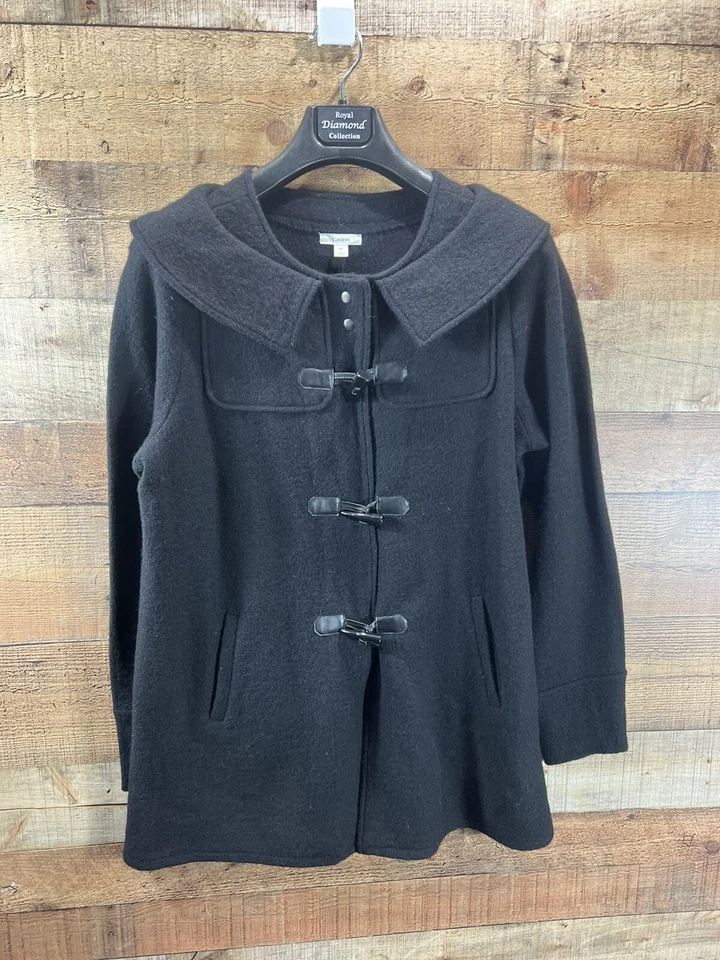 Chaqueta de Lona Larga Caslon Negra 100% Lana Merino Botón Palanca Damas 1X NUEVA Foto 1 de 4
