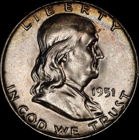 1951 Franklin Half Dollar Silver Uncirculated, Nice Album Toning, 361 Cover