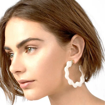 White Abalone Shell 3” Hoop Earrings Gold Stud Backings  - Image 1 of 4