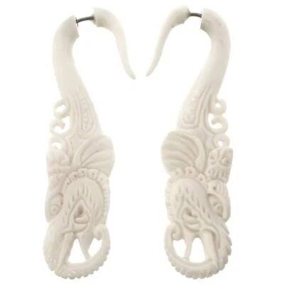 Pendientes poste tallado étnico Ganesha hueso bisonte blanco calibre falso, 2 3/16" Foto 1 de 2