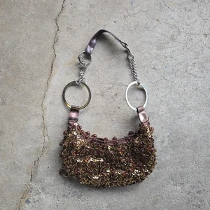 Vintage Y2k Shoulder Hobo Sequins Bag Earthy Boho Satin Beaded Mini - Picture 1 of 3