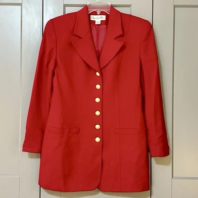 Blazer vintage Christian Dior rojo lana hasta la cadera botones dorados abovedados para mujer talla 6 Foto 1 de 4