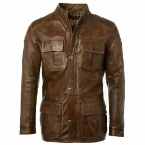 Men's Timber Brown Leather Bomber Jacket 3/4 Long Biker Café Racer Coat - Picture 1 of 4