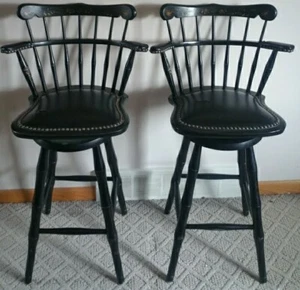 VTG Mid Century BENT BROTHERS Wooden Colonial Bar Stools w/Padded Leather Seats - Picture 1 of 4