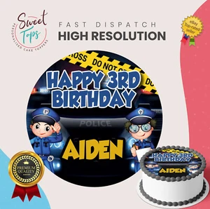 POLICE CAR ROUND EDIBLE BIRTHDAY CAKE TOPPER DECORATION PERSONALISED - Picture 1 of 4