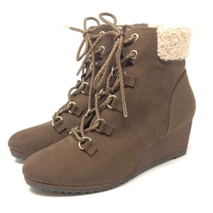 DR SCHOLLS Sz 6 / EUR 36 "Charmer" Brown Wedge Lace Up Shearling Booties - Picture 1 of 13