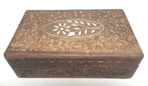 Vintage Flower Carved Wood Hinged Box w/Inlay Cow Bone - Picture 1 of 7