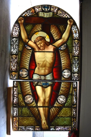Older Stained Glass Church Window of Jesus Crucifixion, 54" x 29 1/2" w. (RI11) Cover