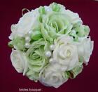SPECIAL BRIDES POSY BOUQUET PALE GREEN/IVORY ROSES-PEARLS-WEDDING FLOWER CORSAGE