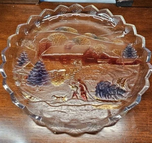 Vintage Crystal Clear Studios Japan 14" Round Glass Platter Winter Christmas - Picture 1 of 6