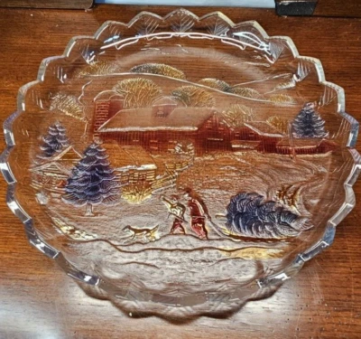 Винтажное кристально чистое японское круглое стеклянное блюдо 14 дюймов Studios зимнее Рождество - Изображение 1 из 4