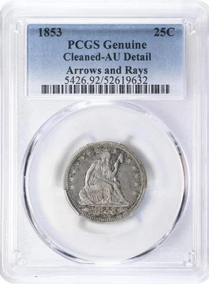 1853 25c Seated Liberty Silver Quarter PCGS AU DETAIL CLEANED Arrows & Rays - Image 1 of 3