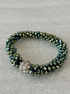 Vintage rund Perlen grün silberfarben Magnetverschluss Armband Strass 8 Zoll - Bild 1 von 8
