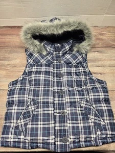 Aeropostale Youth Girls Size XL Sleeveless Plaid Puffer Jacket Fur Hooded - Picture 1 of 6