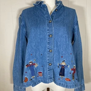 Vintage fall scarecrows Embroidered Denim casual button down shirt size large - Picture 1 of 8