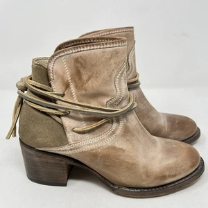 Freebird by Steven CASEY Boots Tan Boho Strappy Distressed Ankle Booties Heels 7 - Picture 1 of 10