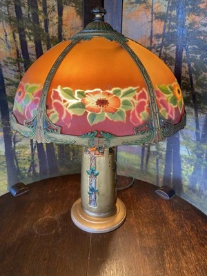 Около 1910 Обратная Окрашенная Лампа Цветочный Ребристый Стекло Bradley & Hubbard Питтсбург - Изображение 1 из 4