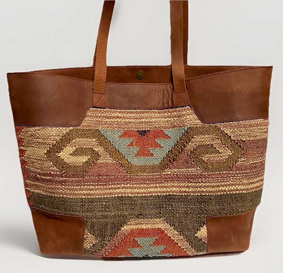 Kilim Jute Leather Boho X Large Weekender Travel Duffle Tote Bag Satchel 21.5” - Image 1 of 4
